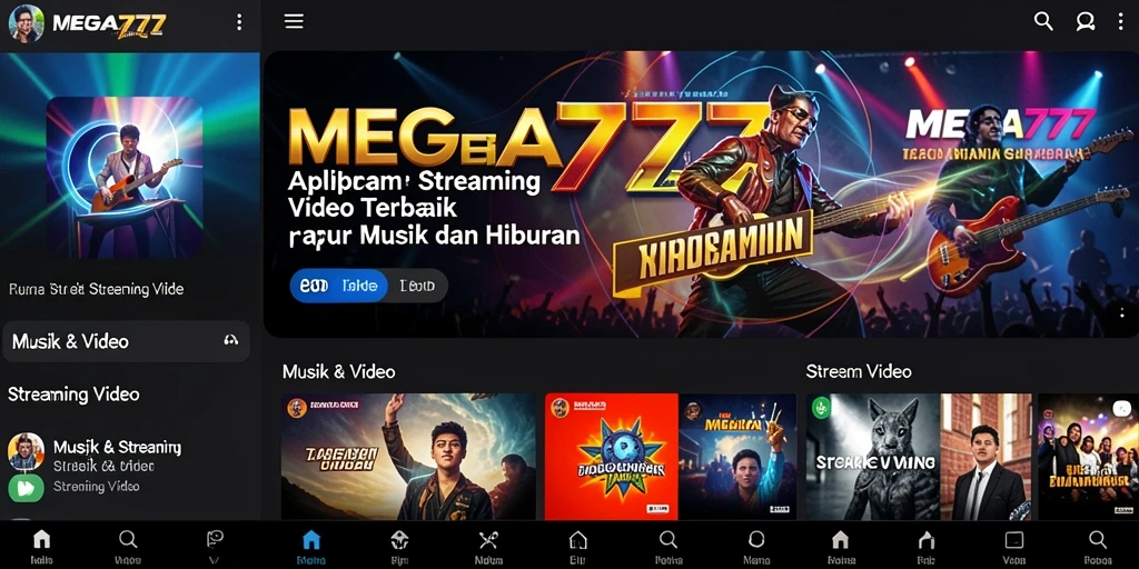 Antarmuka MEGA777 menampilkan berbagai pilihan video dan musik dengan mudah.